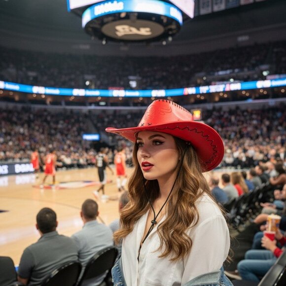 Red Faux Leather Cowboy Hat with Embossed Bull Logo & Black Stitching - Picture 8 of 8